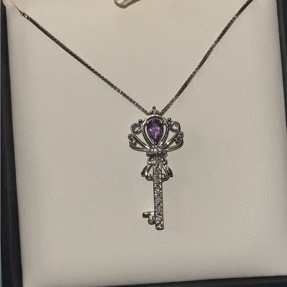 Amethyst and diamond key necklace